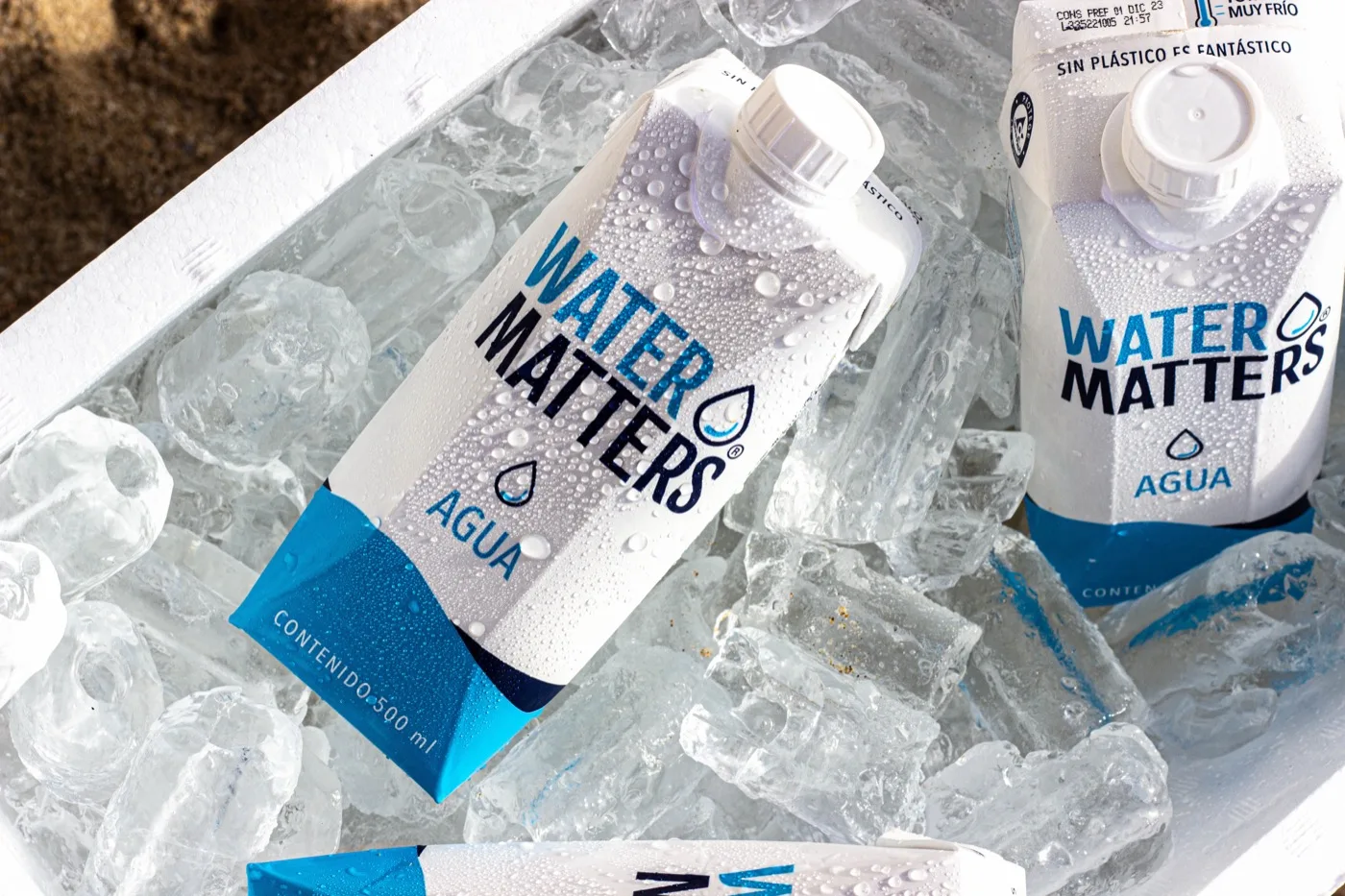 Varios envases de Water Matters entre hielos